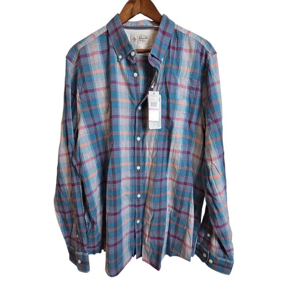 Original Penguin Shirt Mens 2XL Blue Pink Plaid Button Down Mosaic EcoVero Logo - Picture 1 of 16